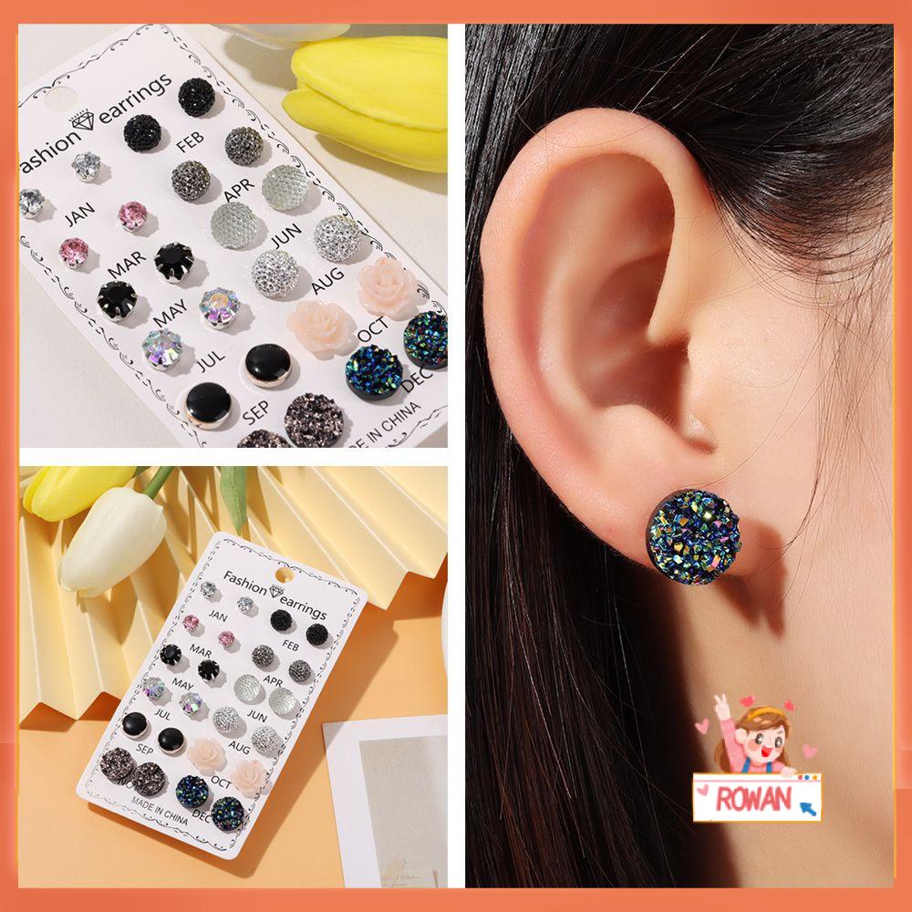 R-flower Stud Earring Berlian Imitasi Fashion Hadiah 12pasang