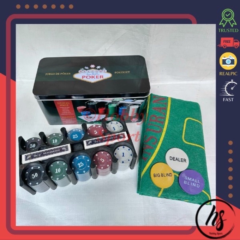 Koin Poker Set isi 200 + Box Kartu Remi Alas Mat Texas Holdem Plastik