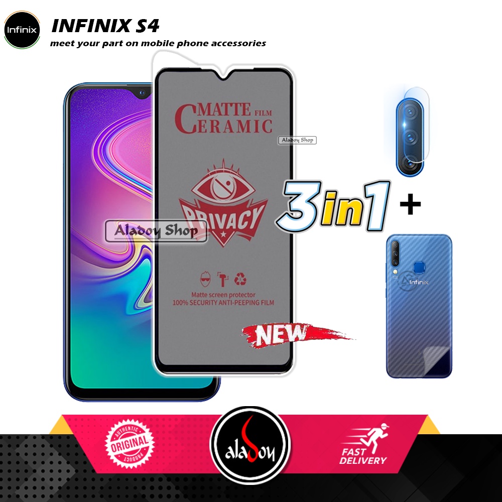 Tempered Glass Anti SPY Infinix S4 Anti Gores Privacy + Tempered Glass kamera dan Skin Carbon