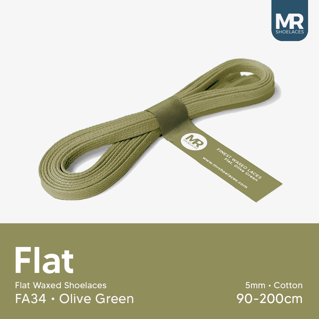 MR Shoelaces FA34 Olive Green (Hijau Oliv) - Tali Sepatu Lilin 5mm Gepeng Flat Pipih (Waxed Laces) 90cm 100cm 120cm 150cm 200cm - Premium Shoelace