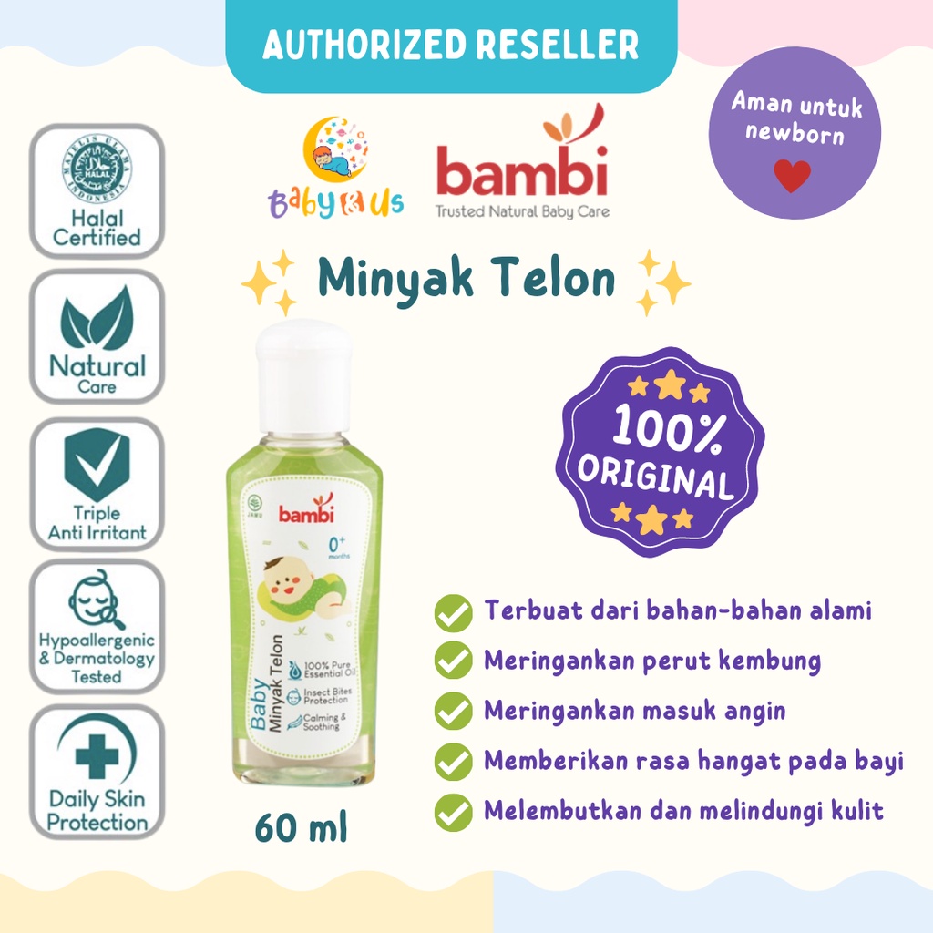 Bambi Baby Minyak Telon 60ml 0+ - Minyak Telon kulit Normal - Sensitif / Menghangatkan Tubuh, Meredakan gejala kembung pada anak