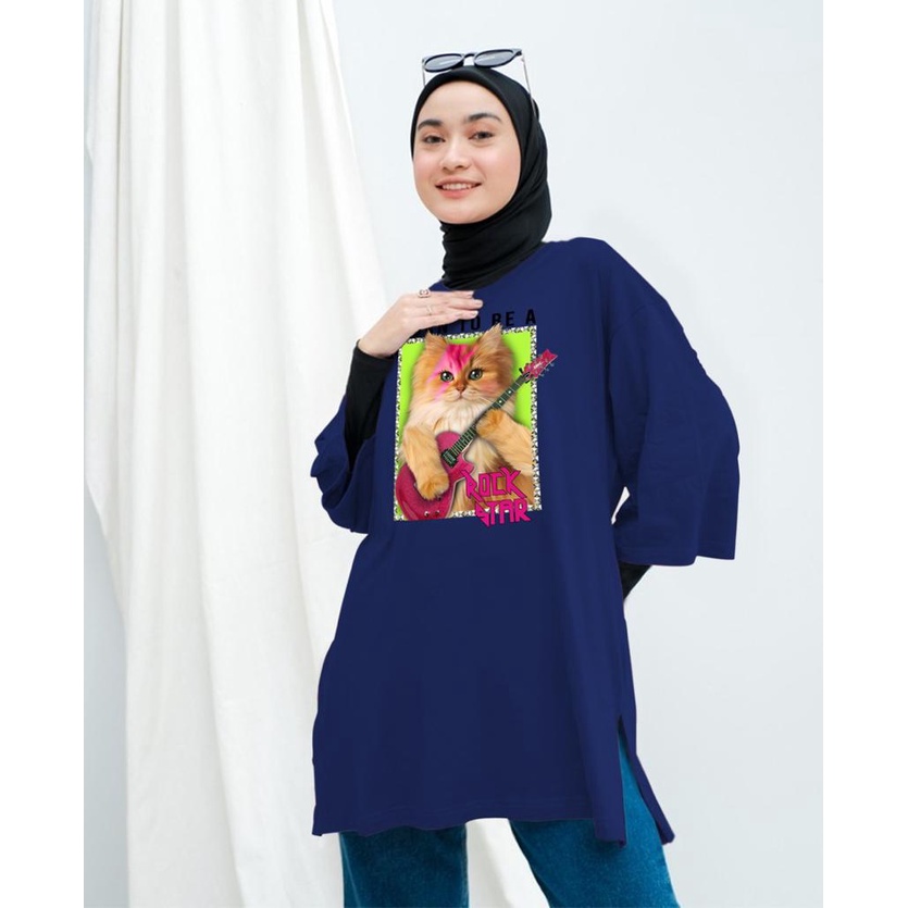KAOS OVERSIZE TOP HIJAB WANITA BASIC DTF KUCING GITAR / OVERSIZE SLIT BLOUSE GAMBAR DTF / DIGITAL PRINT