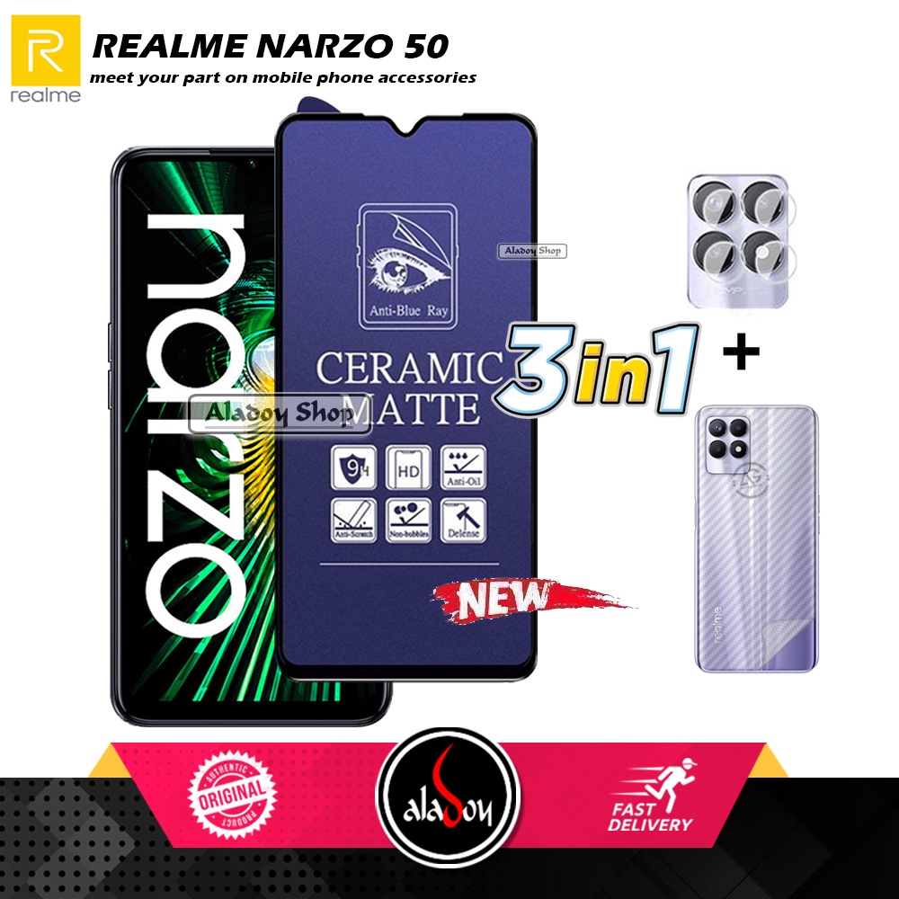 PAKET 3IN1 Anti Gores Blue Matte Anti Glare Realme Narzo 50 + Tempered Glass Camera dan Skin Carbon