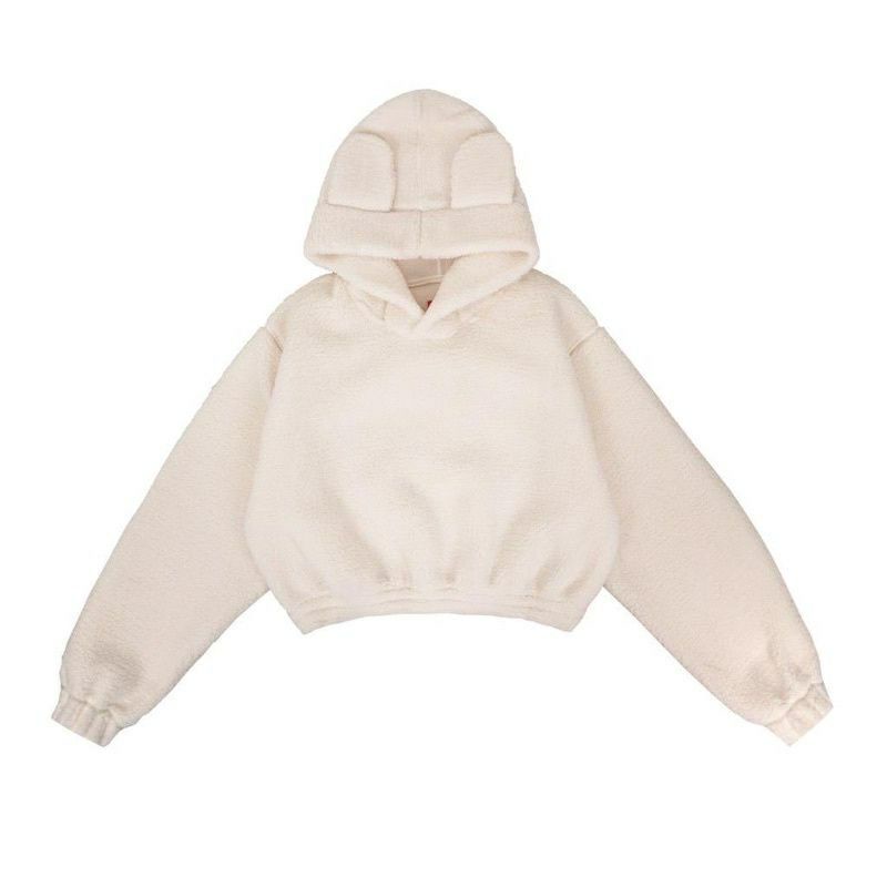 NTR HOODIE BEAR SWEATER BEAR V kuping beruang wanita bulu tudung wanita sherpa bulu crop feater tedd