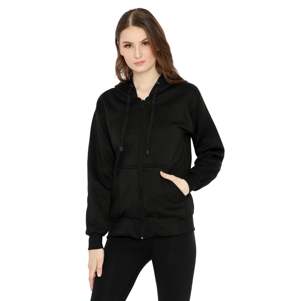 Hoodie Zipper Hitam Polos Jaket Sleting Pria Wanita