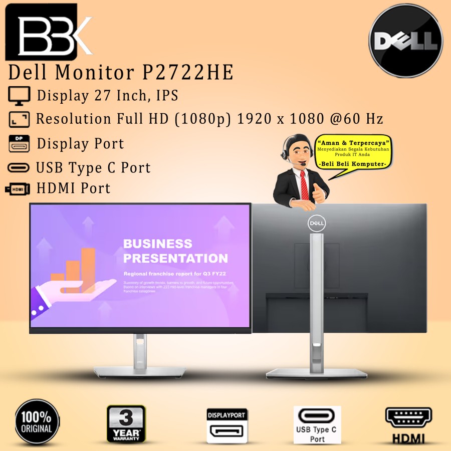Monitor Dell 27" inch Monitor P2722HE 3 Year