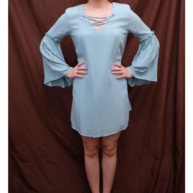 minidress biru hijau pastel blue dress pendek long sleeve baju wanita preloved pakaian murah