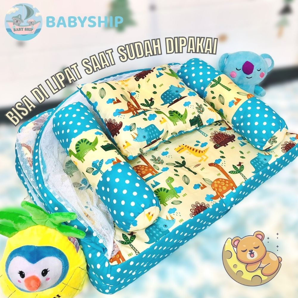 Kasur Bayi Kelambu Lipat / Tempat Tidur Bayi Lipat - Set Bantal Guling Free Tas Mika