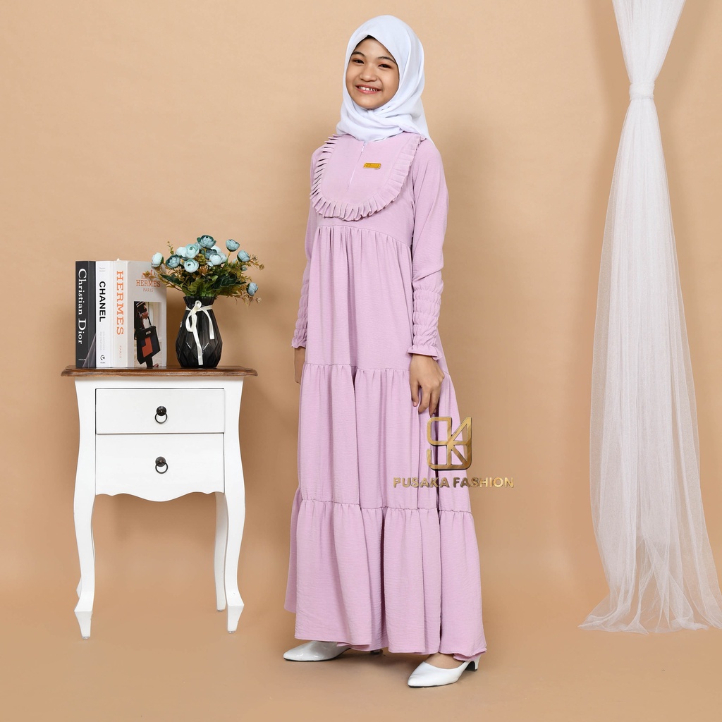 VINA KIDS GAMIS cringkle ANAK perempuan remaja tanggung 9-17 tahun fashion muslim longdress KID girl serut susun modern premium warna putih tulang pink fuchia sage green hitam bata mocca lemon olive broken white gamis putih manasik haji mengaji terbaru