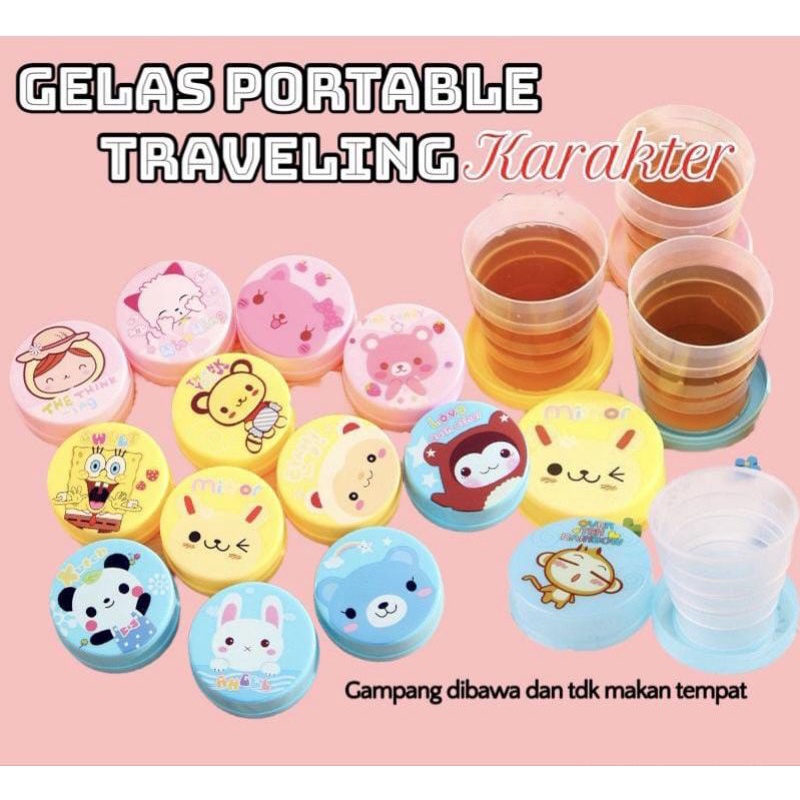 GELAS LIPAT TRAVEL PORTABLE PLASTIK LUCU MOTIF KARAKTER GELAS MINUM LIPAT TRAVEL TEMPAT MINUM LIPAT
