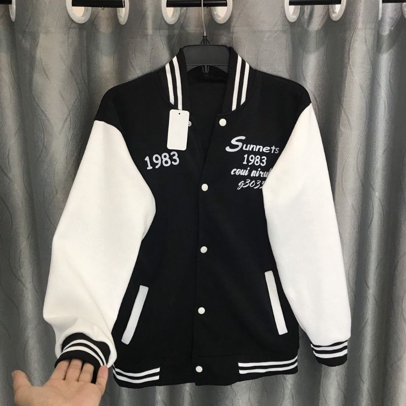 Jaket Baseball Big Size ( S - 6XL ) Jaket Varsity Kancing Bomber SUNSET 1983 FLeece Unisex Jacket Boy Girl Pria Wanita Jumbo Hitam Putih Mocca Brown Mix Kombinasi 2 Warna Two Tone Street Style Urban Hip Hop