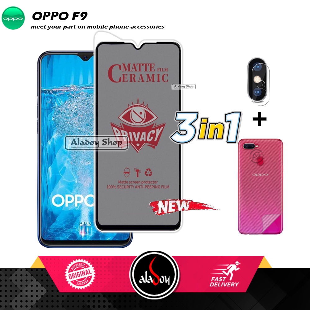 Tempered Glass Anti SPY Oppo F9 Anti Gores Privacy + Tempered Glass kamera dan Skin Carbon