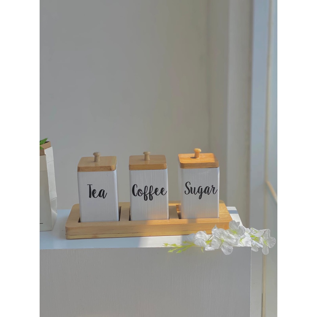 Toples Tempat Kopi Gula Teh Garam Set Kayu Solid