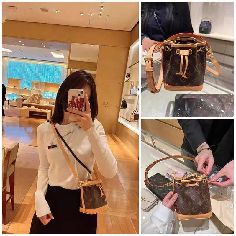 LV/Louis Vuitton Tas Wanita Bunga Tua NANO NOE Baru Tas Ember Kecil Genggam Satu Tas Selempang Bahu