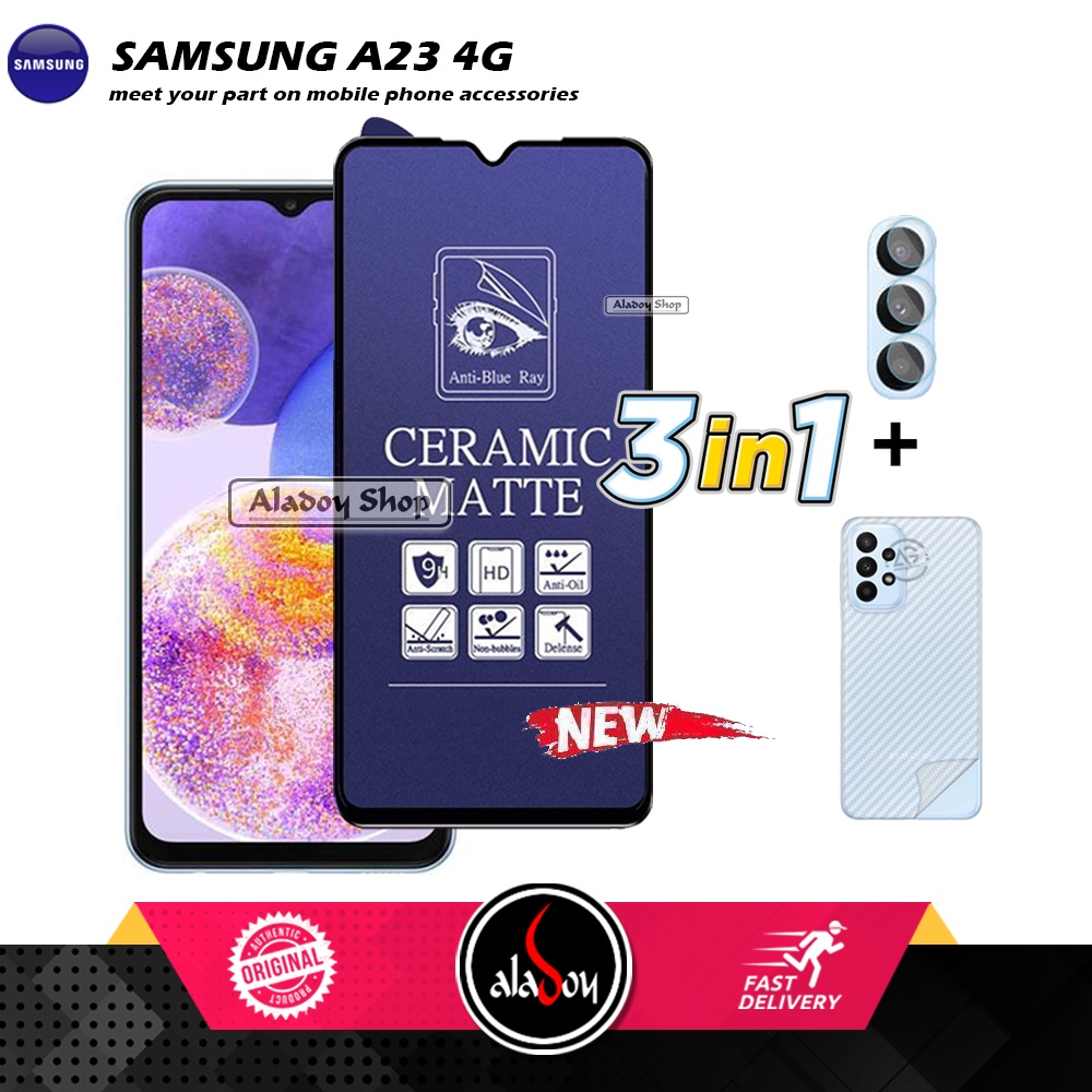 PAKET 3IN1 Anti Gores Blue Matte Anti Glare Samsung A23 4G + Tempered Glass Camera dan Skin Carbon