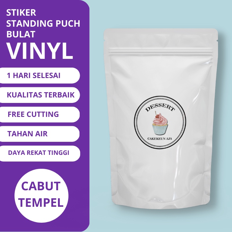 

Sticker Label Kemasan Standing Puoch Bahan Vinyl Laminasi Cutting Kiss Cut Kemasan Box Logo Brand Makanan Kering Online Shop