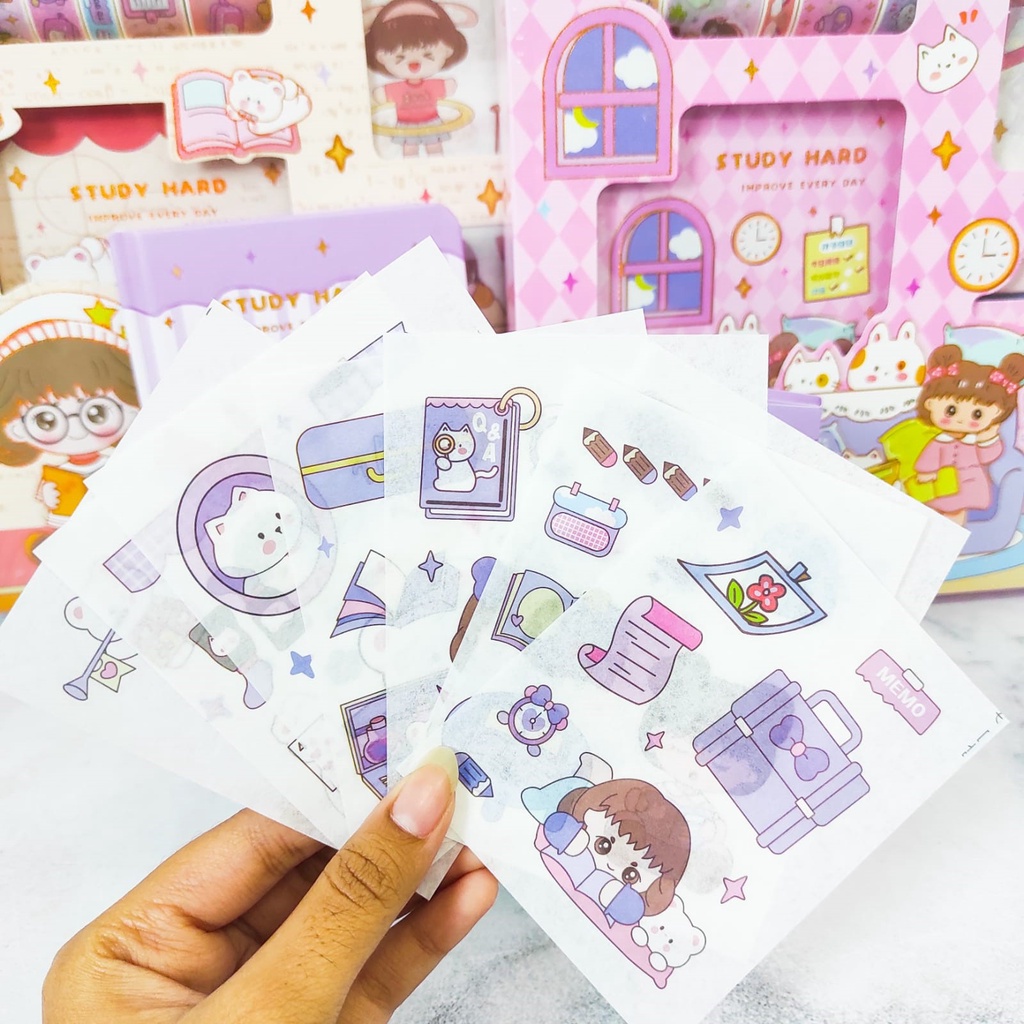 PAKET SET ALAT JURNALING (4 IN 1) STICKER DAN WASHI TAPE STICKYNOTES NOTEBOOK A5 KODE S001 LUCU IMUT KARAKTER GAMBAR