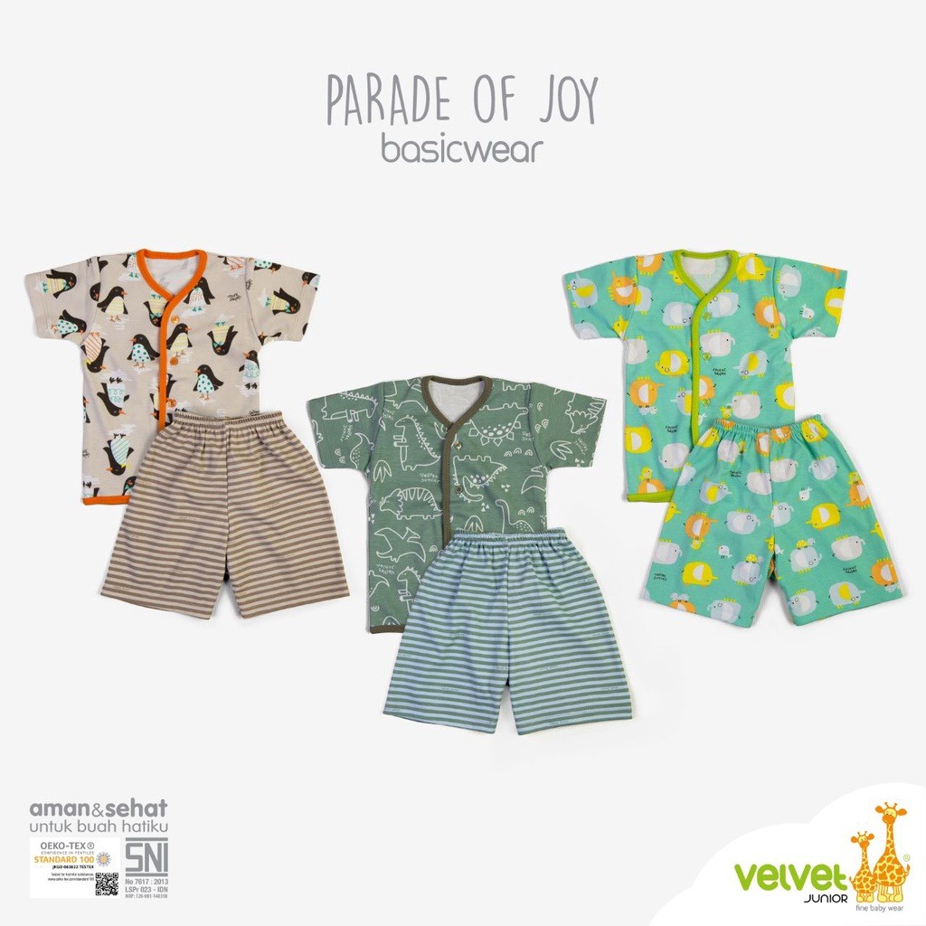 Velvet Junior Stelan Lengan Pendek Kancing Tengah  &amp; Celana Pendek Parade Of Joy Series - Per 3 Pcs