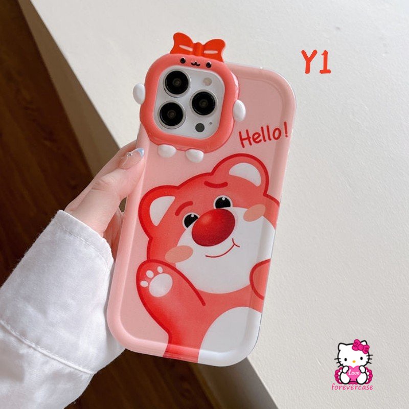 Kartun Manis Strawberry Bear Manyo Case Kompatibel Untuk iPhone XR 6s 6 8 7 Plus 11 Pro Max 13 12 14 Pro Max 14 Plus X XS Max SE 2020lucu 3D Busur Simpul Monster Kecil Lensa Soft Cover