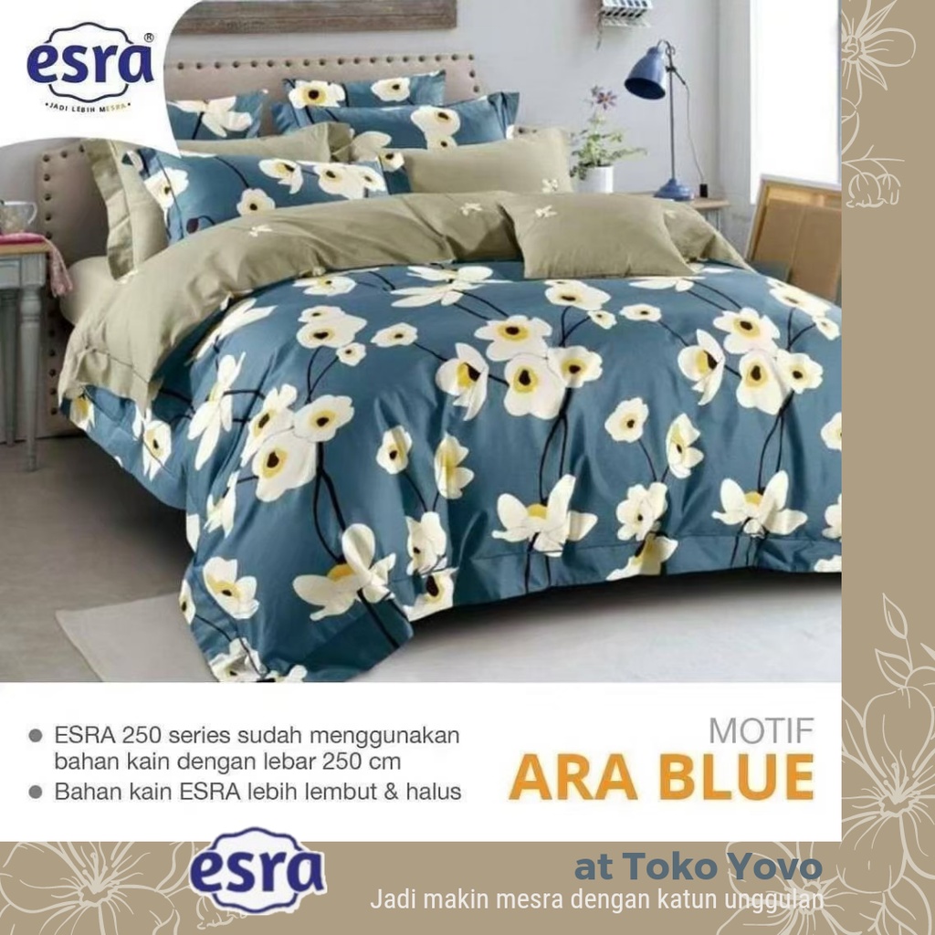 Sprei Katun Halus Esra Ara Brown Bunga Biru Teal Ocean Blue Seprei