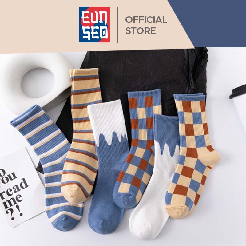 EUNSEO Kaos Kaki Panjang Pria Wanita Motif Catur Panjang Fashion Korea KaosKaki Diatas Mata Kaki Premium