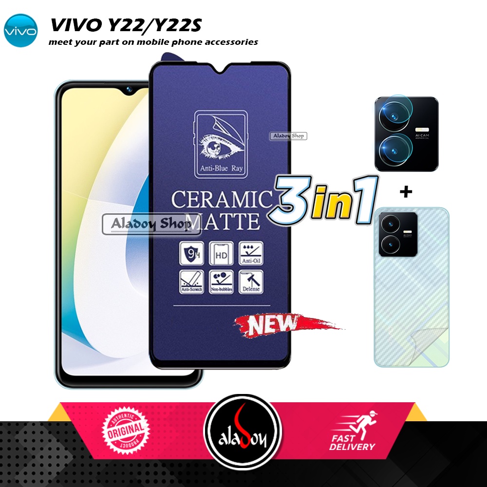 PAKET 3IN1 Anti Gores Blue Matte Anti Glare Vivo Y22/Y22S + Tempered Glass Camera dan Skin Carbon