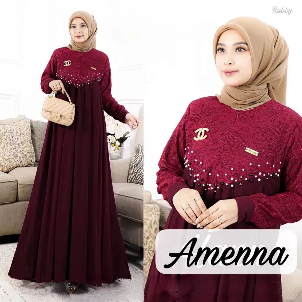 Baju Gamis Ceruty Brukat Aplikasi Mutiara Terbaru Amenna Dress Muslim Kekinian Gamis Kondangan Dress Brukat Fashion Muslimah Out fit