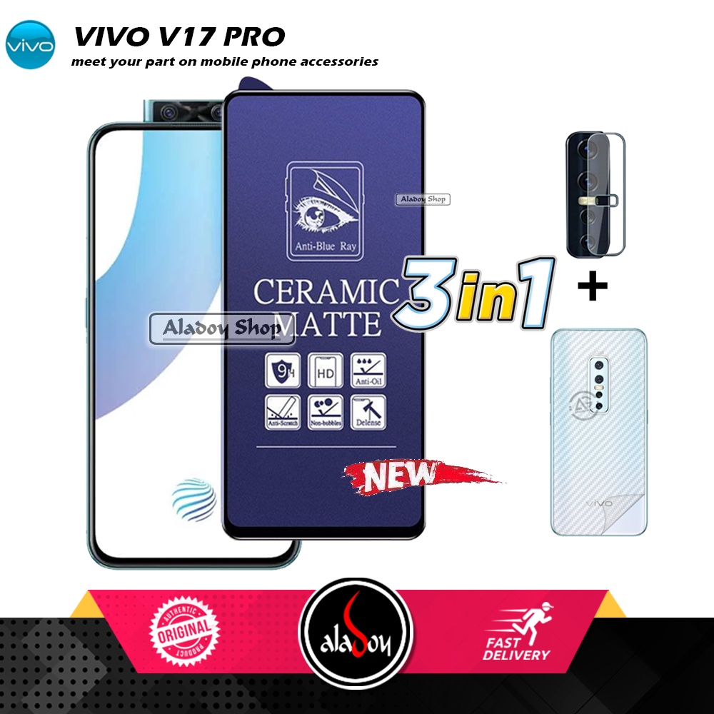 PAKET 3IN1 Anti Gores Blue Matte Anti Glare Vivo V17 Pro + Tempered Glass Camera dan Skin Carbon