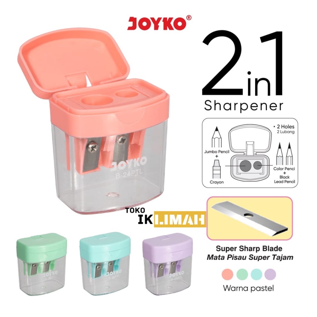 

Rautan Sharpener Joyko B-24PTL 2 In 1 Pastel Color / Serutan Pensil B24PTL Warna Pastel