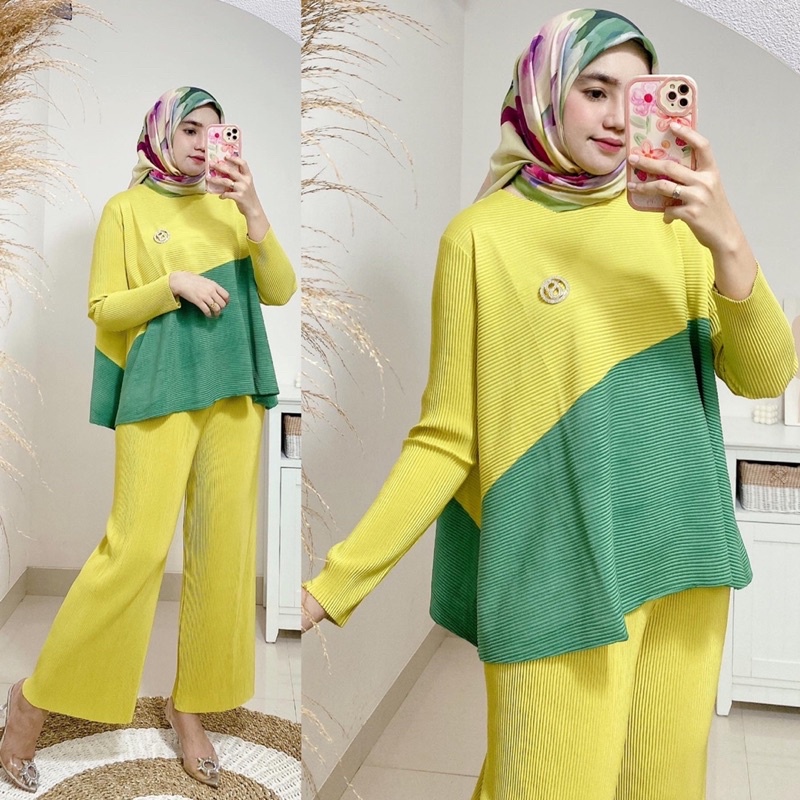 Rasya pleats set / Oneset blouse kombinasi + kulot