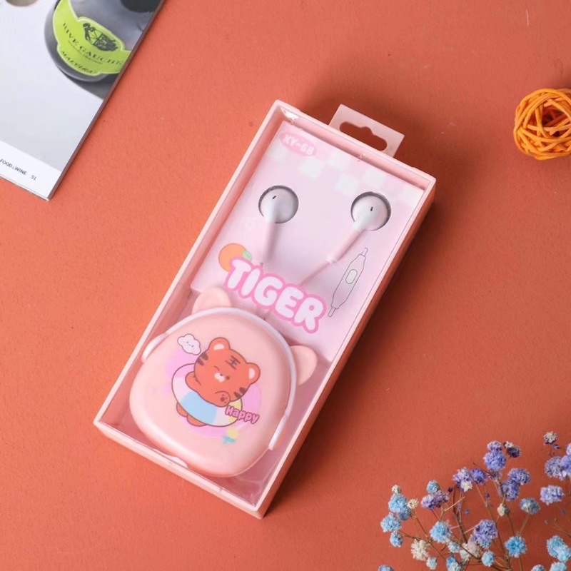 [ XY 68 ] Set Headset Earphone karakter seri XY 68 motif Tiger Animal  plus Wadah penyimpanan Earphone Motif