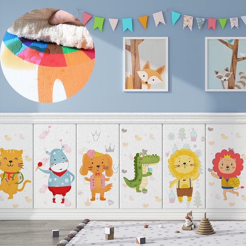 Kartun Hewan 3D Stereo Tahan Air Anak-Anak Lembut Anti-Tabrakan Self-adhesive Stiker Dinding Untuk Kamar Anak Tk Pengurang Kebisingan Wallpaper