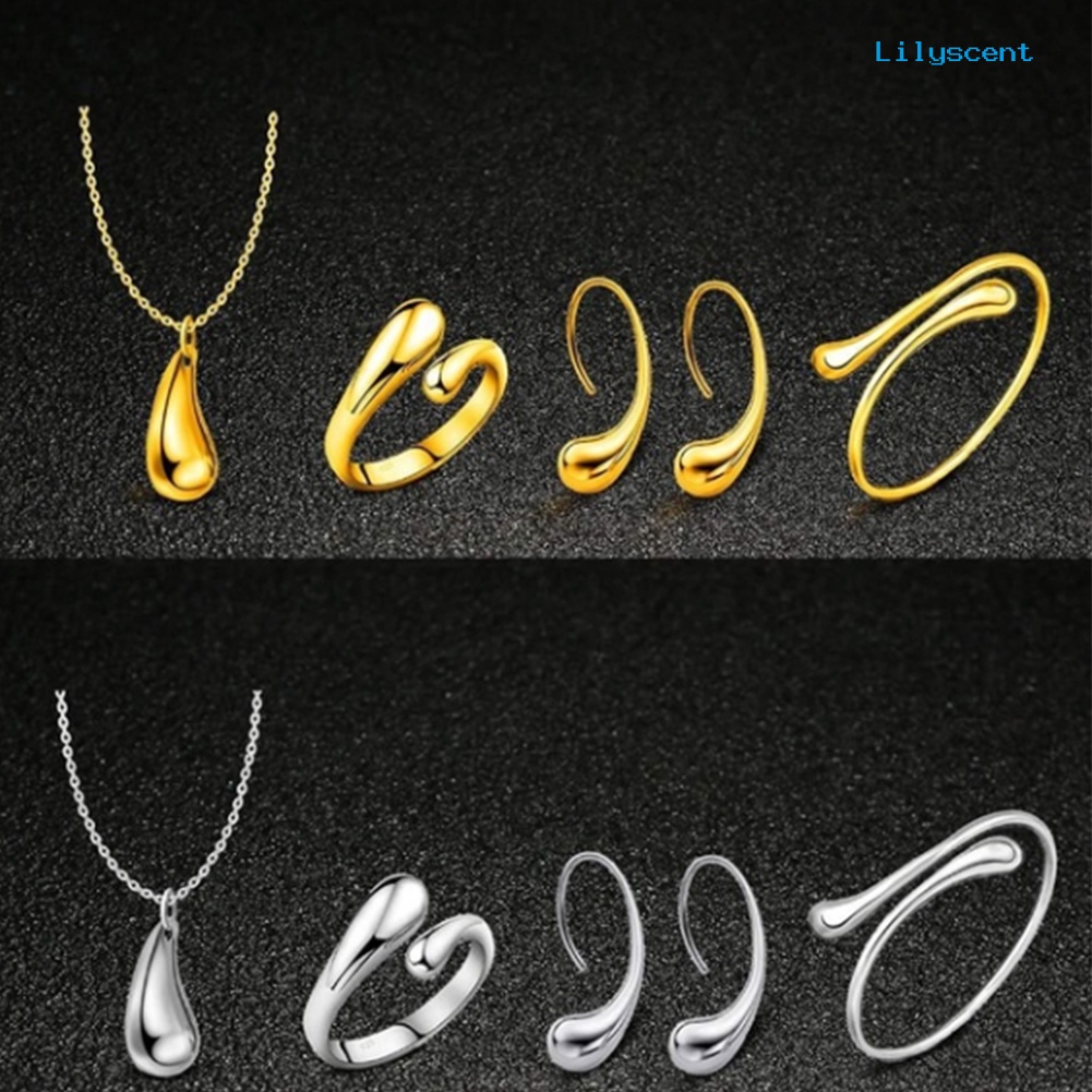 [LS] Fashion Tetesan Air Paduan Wanita Set Perhiasan Cincin Kalung Terbuka Gelang Anting