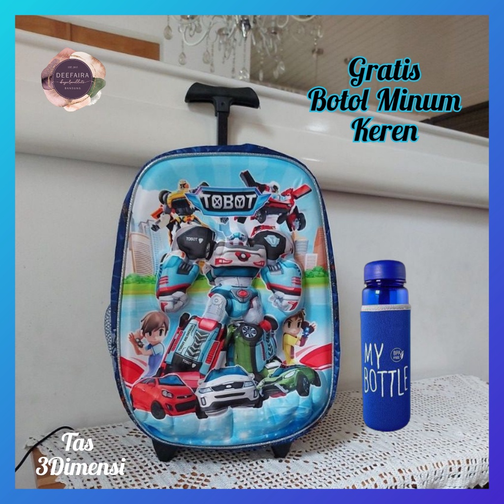 Tas Ransel Troli Anak Laki Laki Tk &amp; Sd Motif 3d T0b0t C4r Gratis Botol Minum Keren