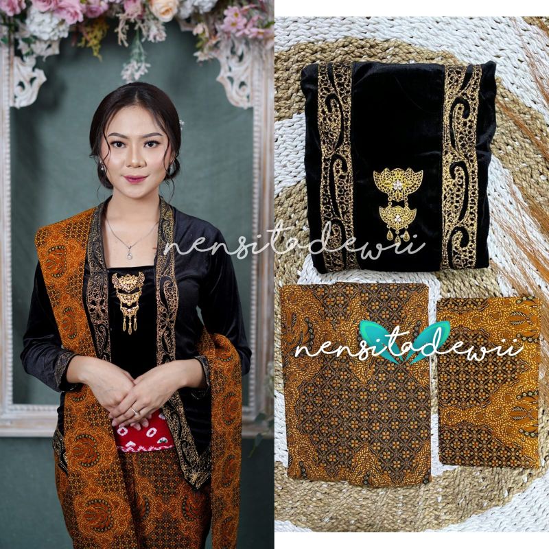 [1 Set, DHT02B] Kebaya Bordir, Jarik Instan + Selendang Jarik / Model Aulia