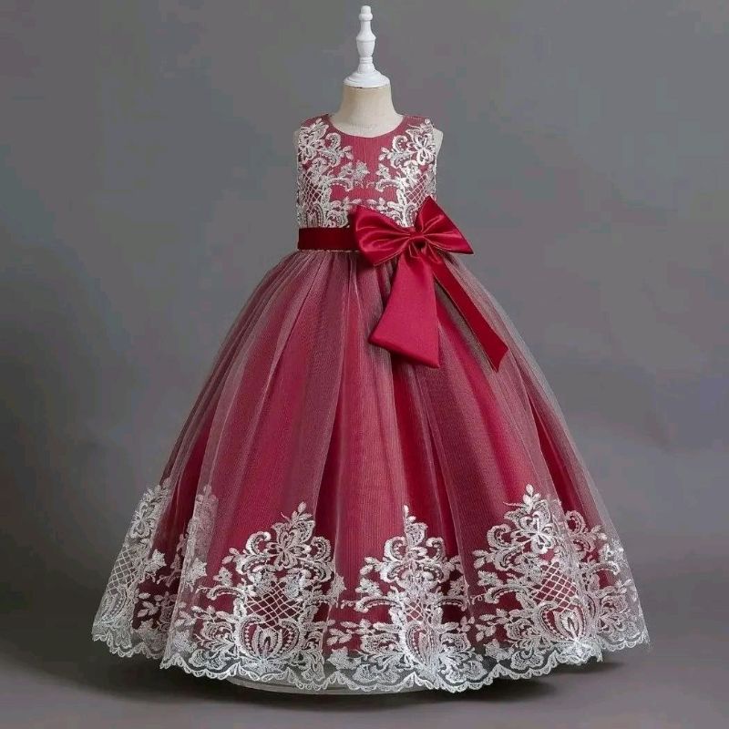 GAUN PESTA ANAK MERAH MAROON LACE