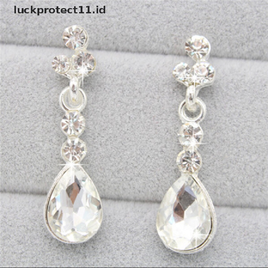 /Fashion Hot// Fashion// Wanita Set Perhiasan Perak Pernikahan Bridal Kristal Berlian Imitasi Kalung Anting.