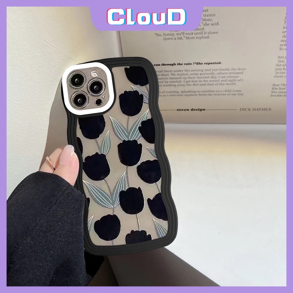 Case Untuk Realme C33 C25 C30 C20 8i 8Pro C12 C25s C11 C25Y C35 C15 C20A C21Y Realme 9i 10 6i 5 7 9 8 9Pro+C3 7i 5i C1 Soft TPU Hitam Retro Bunga Tulip Bergelombang Penutup Tepi