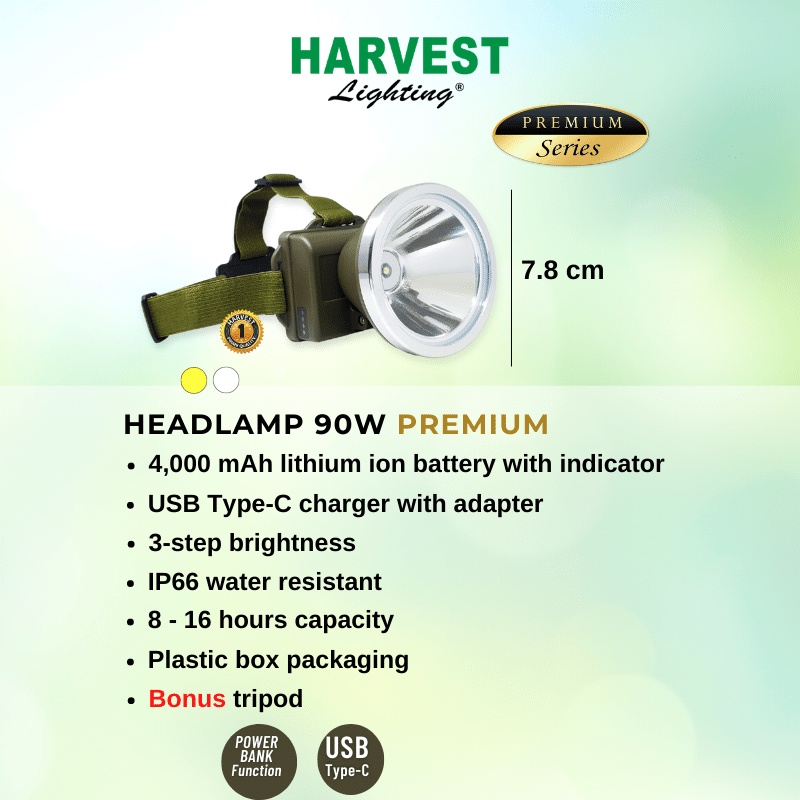 90W Headlamp HARVEST LIGHTING Senter Kepala LED PREMIUM IP66 4000Mah Lampu Emergency Travel Tambang Hunting Berburu Rechargeable Original Bergaransi