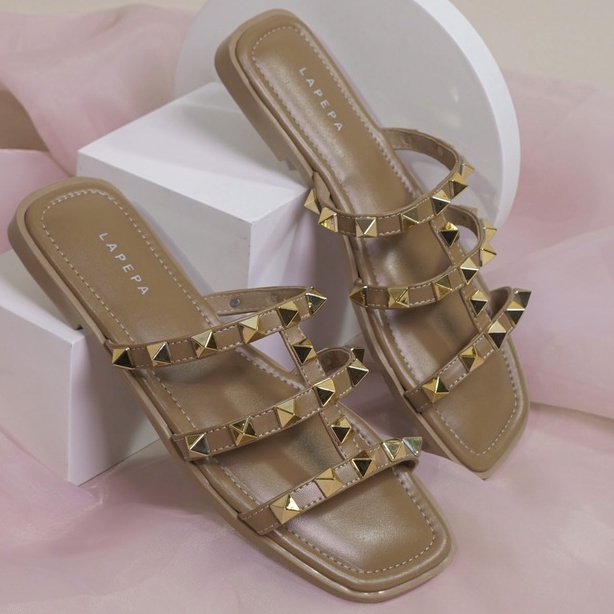 LAPEPA YUK - LAUREN Sandal Wanita Teplek Casual Size 36 - 40 Model Duri Sendal Slop Empuk Flat Cewek Kasual Rumahan Warna Tan Coklat Brown Selop Korean Style Santai Premium 37 38 39 Perempuan Kekinian Terbaru Shoes ORI Original Mall Official Store