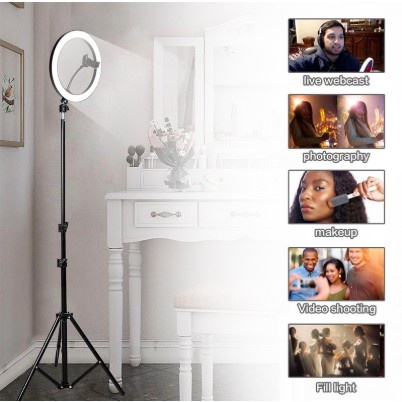 Cincin lampu Led 26cm dengan Tripod berdiri tinggi 2.1 m panjang lampu Selfie Buat Tik Tok Youtube Live Streaming 26cm + Tripod 2,1 Meter / 1,3 Meter / Cincin Lampu / Lampu Tiktok MakeUp