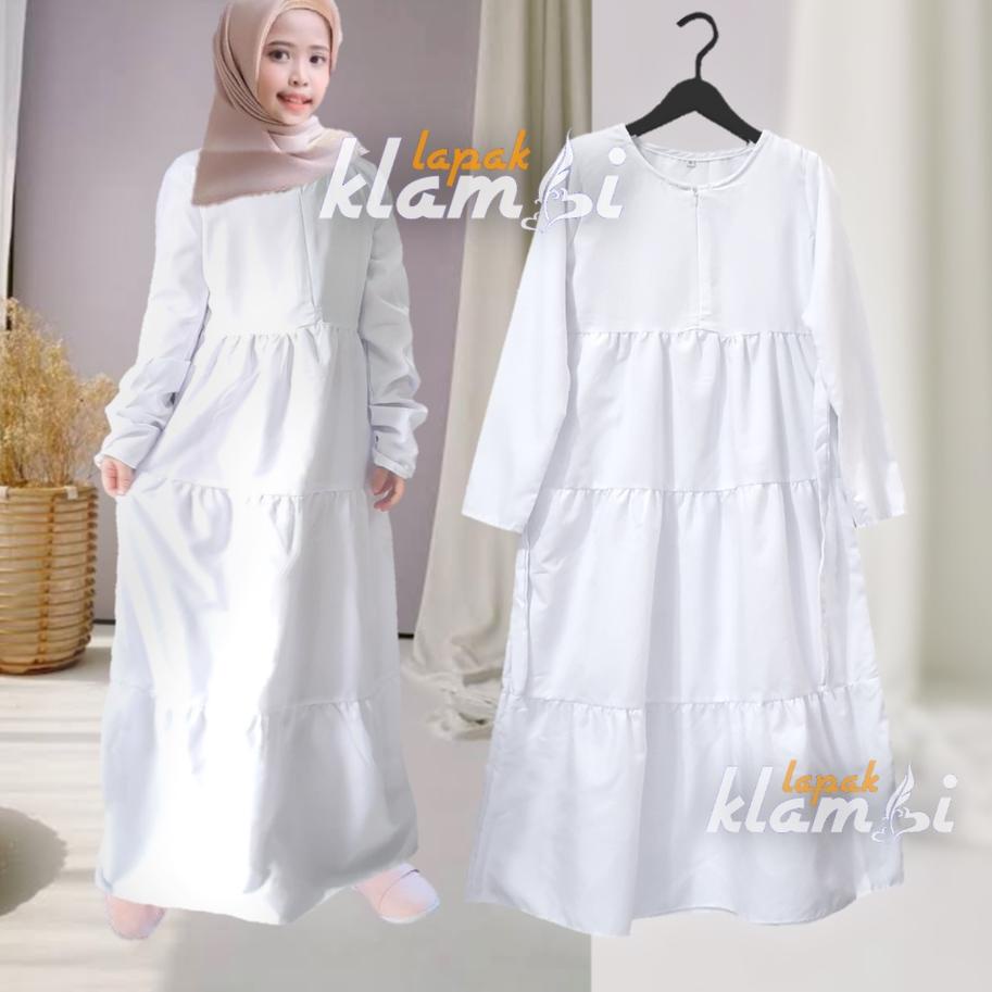 New ホ Lapakklambi - Gamis Anak Syari Basic Polos  Usia 7 8 11 12  Katun Polos Rempel Susun Putih
