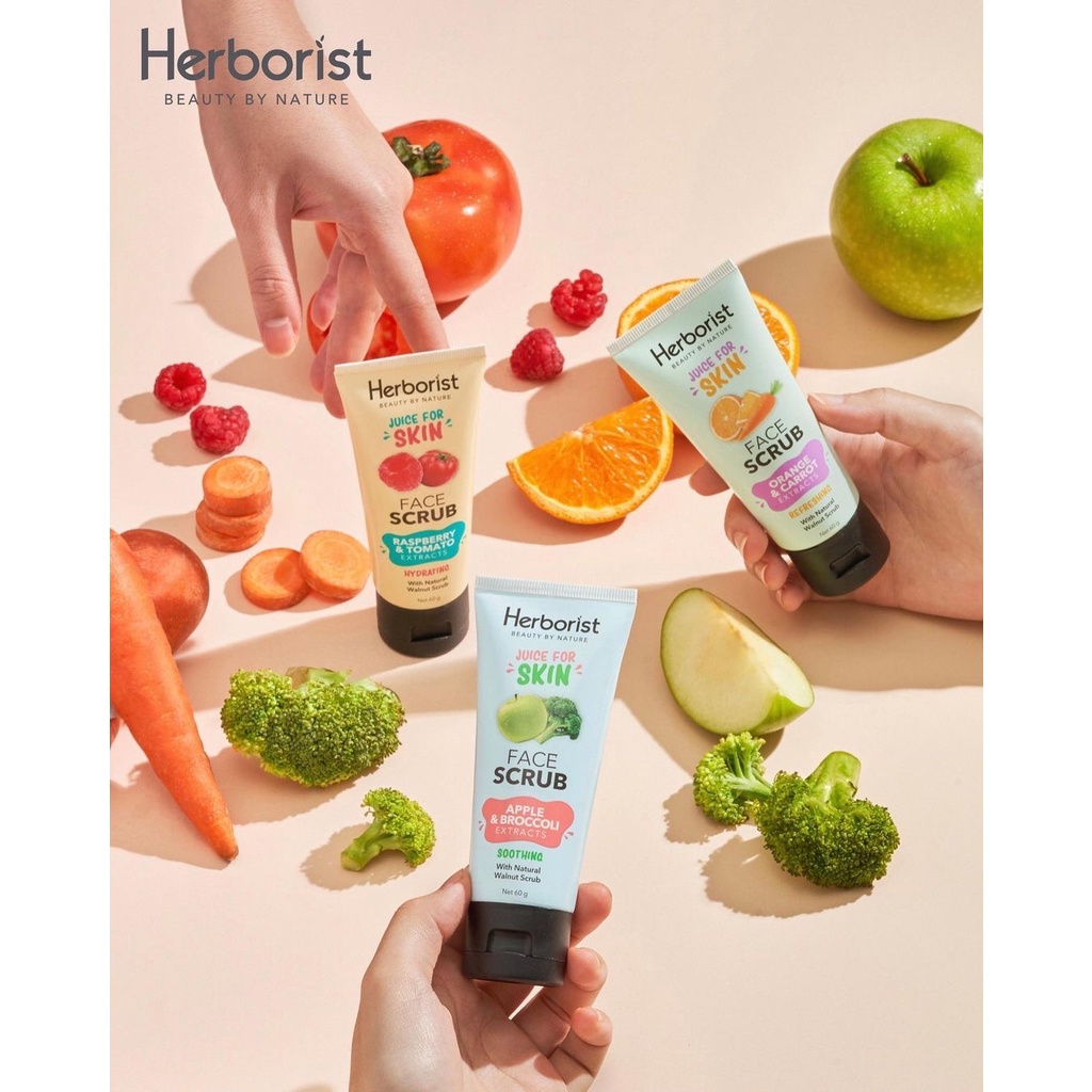 HERBORIST Juice For Skin Face Scrub Indonesia / Pembersih Wajah 60g / Refreshing With Natural Walnut / Brightening Soothing Hydrating / Orange Apple Raspberry Extracts / Peeling Exfoliasi Skincare Facial Care Muka Body Serum Exfoliating Gel Mineral Lotion