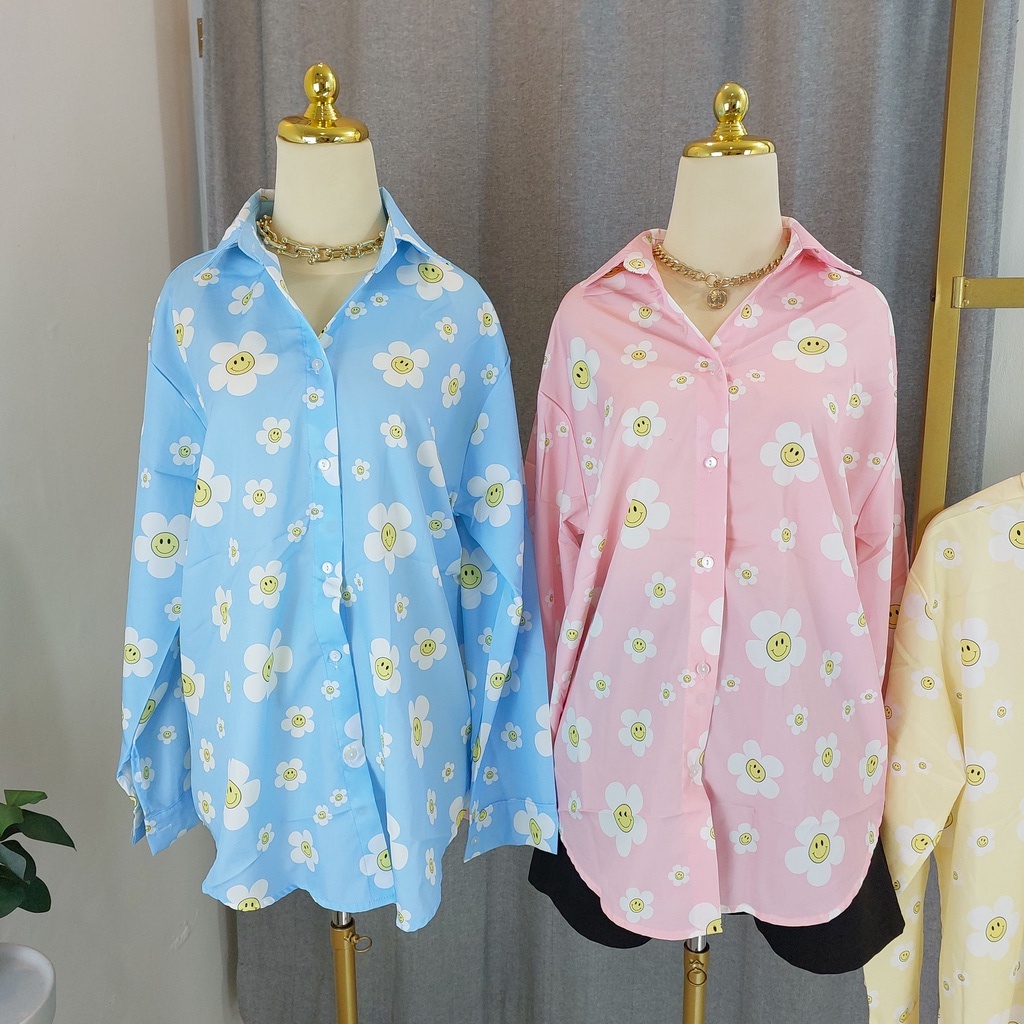 KEMEJA NOK BANGKOK OVERSIZED MOTIF SMILEY FLOWER FASHION WANITA IMPORT BANGKOK