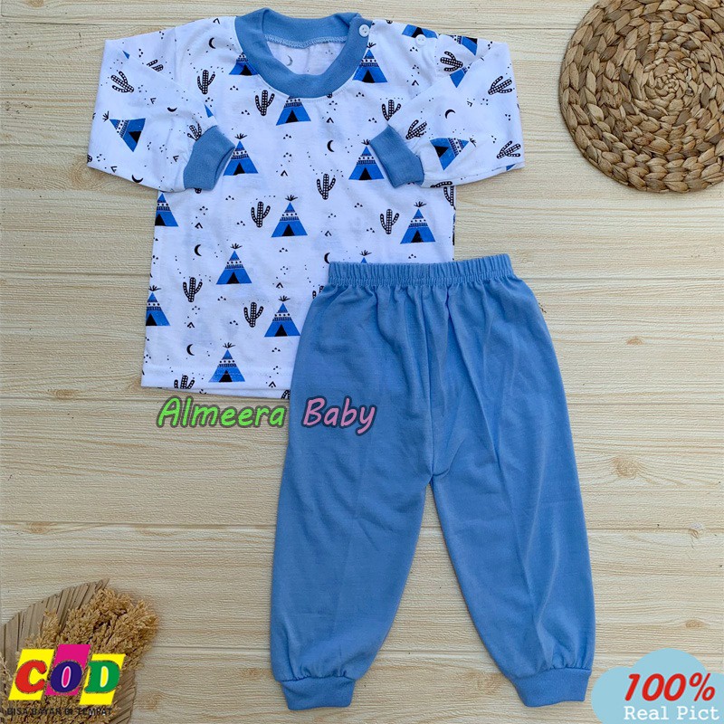 Setelan Baju Bayi Setelan Piyama Bayi Lengan Panjang Kancing Pundal Motif Piramid Usia 3-12 Bulan