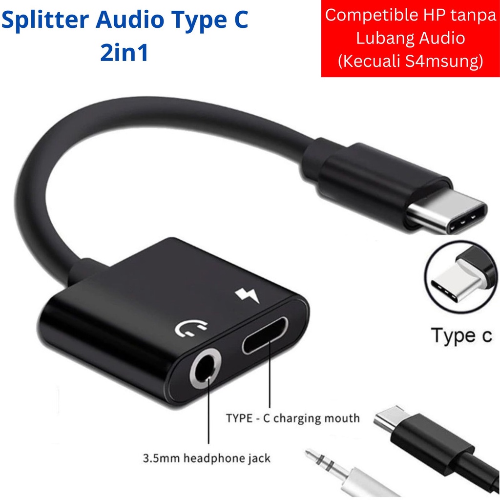 Kabel Splitter Type C Headphone 2in1 - Adaptor Adapter Ligthning Tipe C to Audio Jack 3.5mm