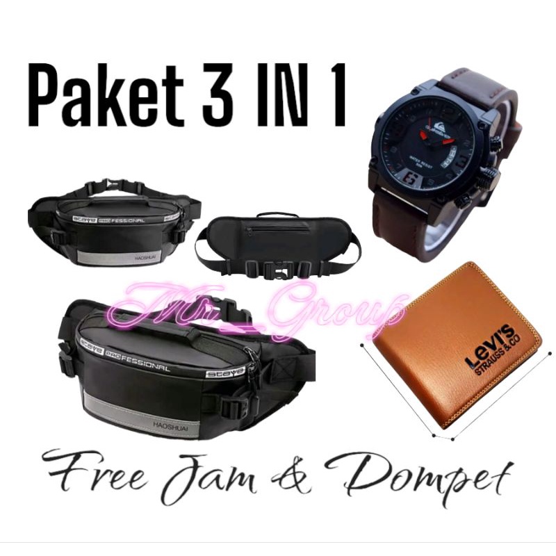 Paket Keren Hemat/Jam Kulit Free tas,Dompet dan Gesper/Paket Keren Isi 4