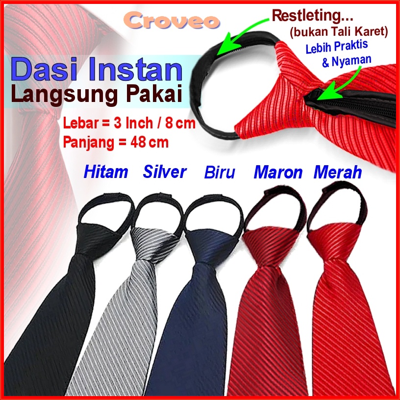 Dasi Instan Pria Resleting 3 Inch Garis Salur Instant Langsung Siap Pakai Hitam 8 cm Otomatis Jadi Zipper Formal Merah Warna Biru SIlver tie Necktie Praktis Velcro Remaja Polos Wisuda Seragam Merah Kerja Kantor Biru Set Resmi Mewah Silver Premium 7 Pesta