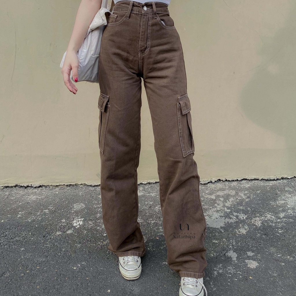 Tara Cargo Cokelat - Highwaist Cargo Jeans Pants Wanita