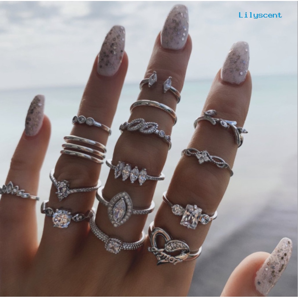 [LS]15Pcs /Set Boho Wanita Berlian Imitasi Daun Hati Geometris Jari Cincin Perhiasan Hadiah